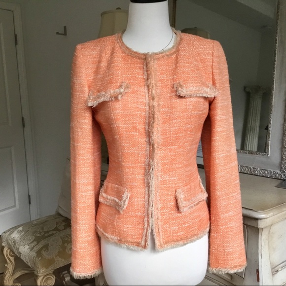 Veste Blazer Tweed Orange Bill Blass Avec Pompons - Taille 4 (États-Unis) - Très Bon état